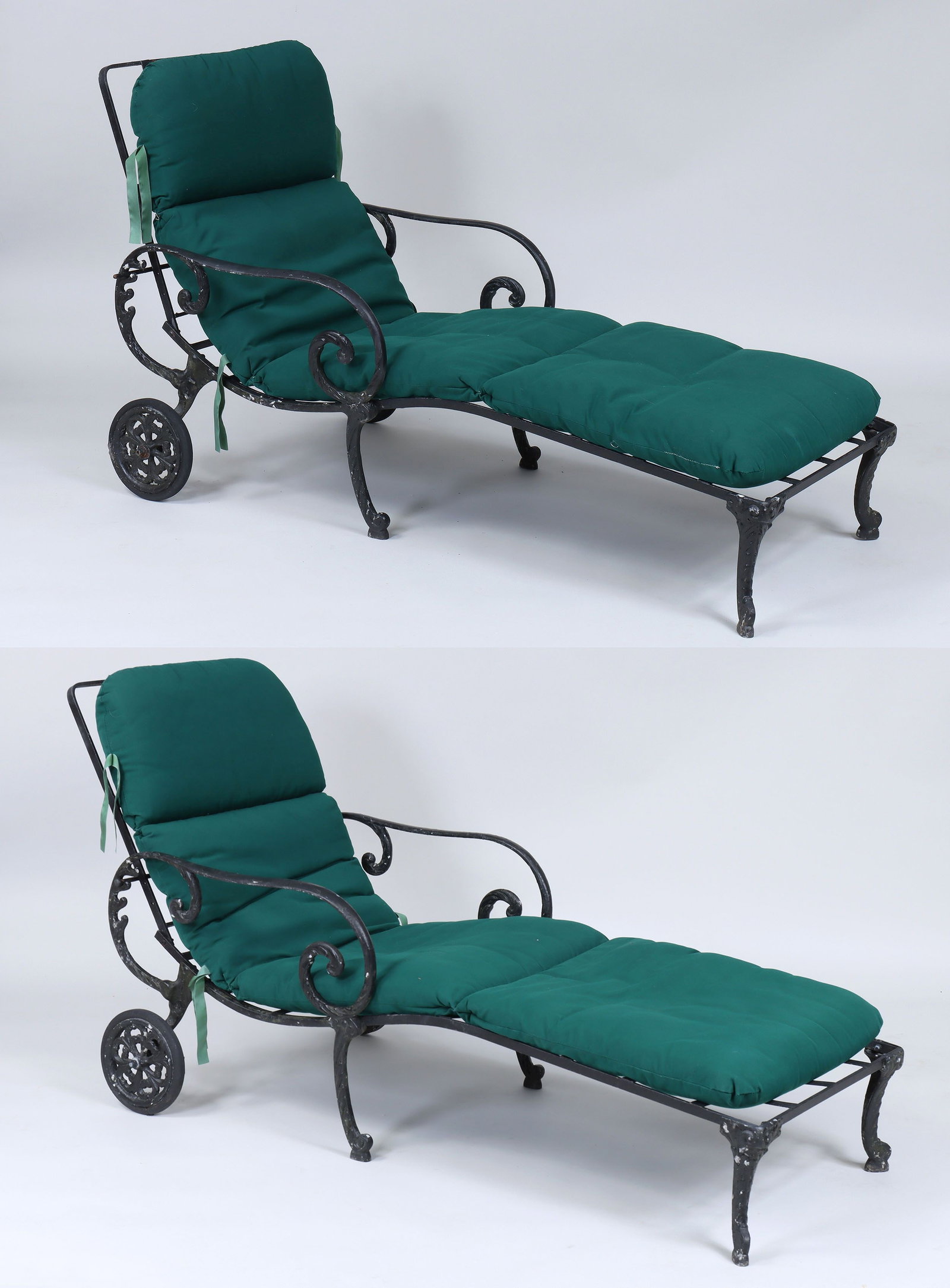 Pair of chaise lounges: Pair of iron and cast aluminum chaise lounges with adjustable backrest. Some strap joints detached, one wheel missing rubber. 34-1/2''h (highest), 28-3/4''w, 63''l.