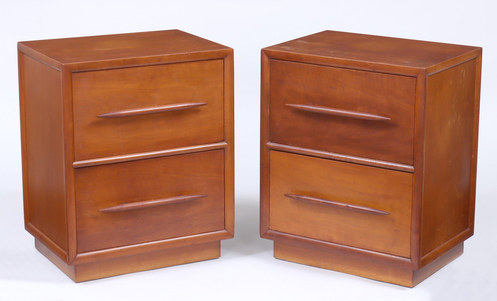 T. H. Robsjohn-Gibbings for Widdicomb: T. H. Robsjohn-Gibbings (British, 1905–1976) for Widdicomb Pair of Walnut Side Stands having two drawers, each with label inside top drawer, in "Sherry" color. 25 x 21 1/2 x 15 in. (63.5 x