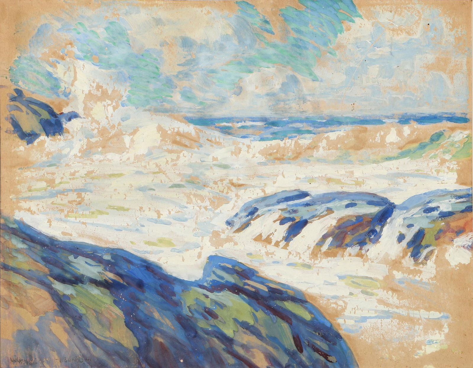 Whitney M. Hubbard (American, 1875-1965), ''Surf'': Whitney Myron HubbardAmerican, Long Island, 1875-1965''Surf''gouache on paperpencil signed lower left, titled on sheet verso in pencil along with inscribed exhibition history, including ''Corcoran Gal