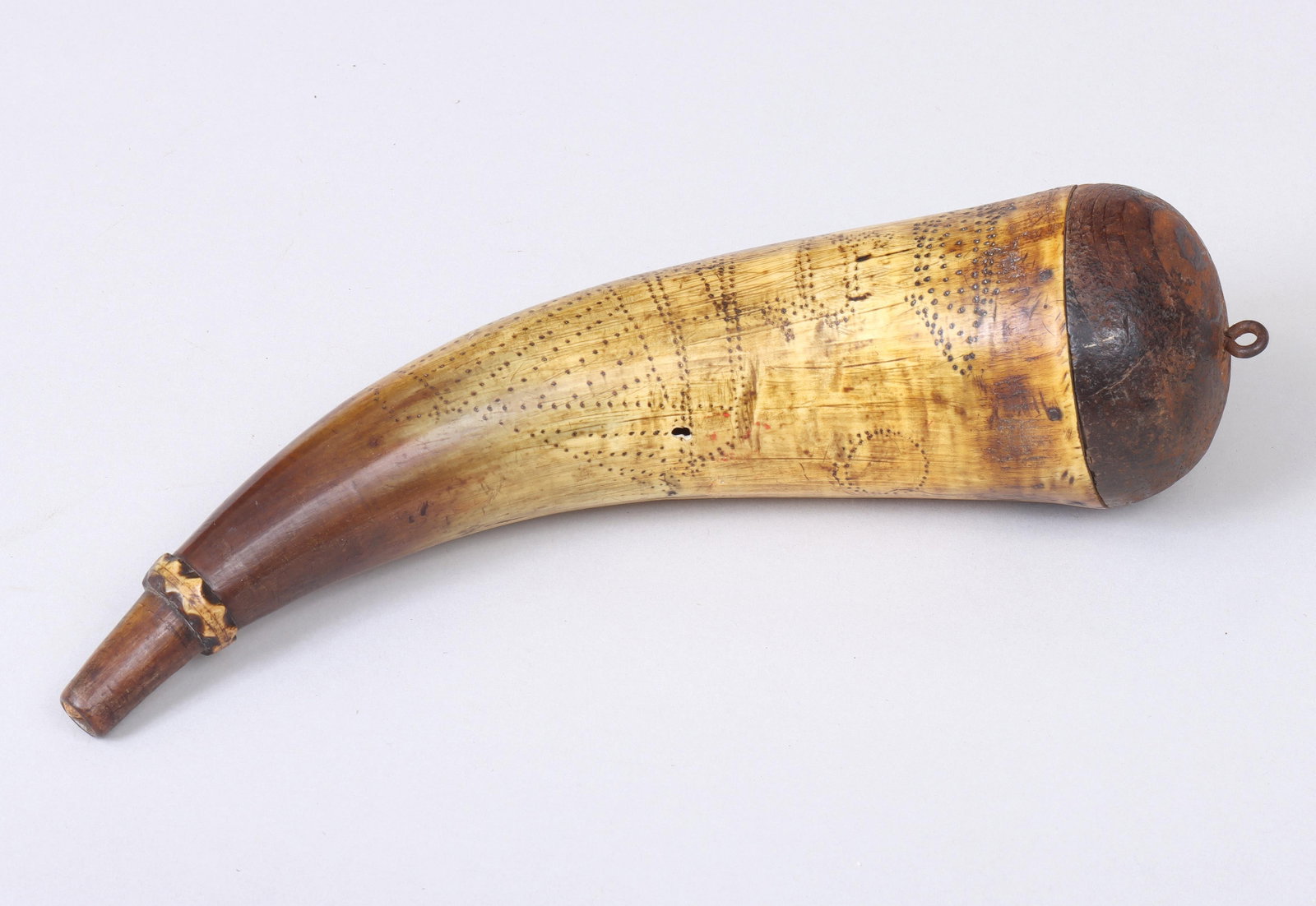 Stipple-decorated Powder Horn Signed "T. R. Mort": Stipple-decorated Powder Horn Signed "T. R. Mort" pre-1840s, Long Island. The decoration is mostly marine life with fish, ducks and boats. From a collection of Hampton powder horns. This is another ex