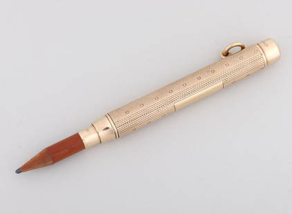 George V 9k Gold-Cased Mechanical Pencil: George V 9k Gold-Cased Mechanical PencilSampson Mordan & Co., London, 1928, having textured gold case with loop, hallmarked on case, button stamped with maker’s mark and purity mark, numbered “2&r