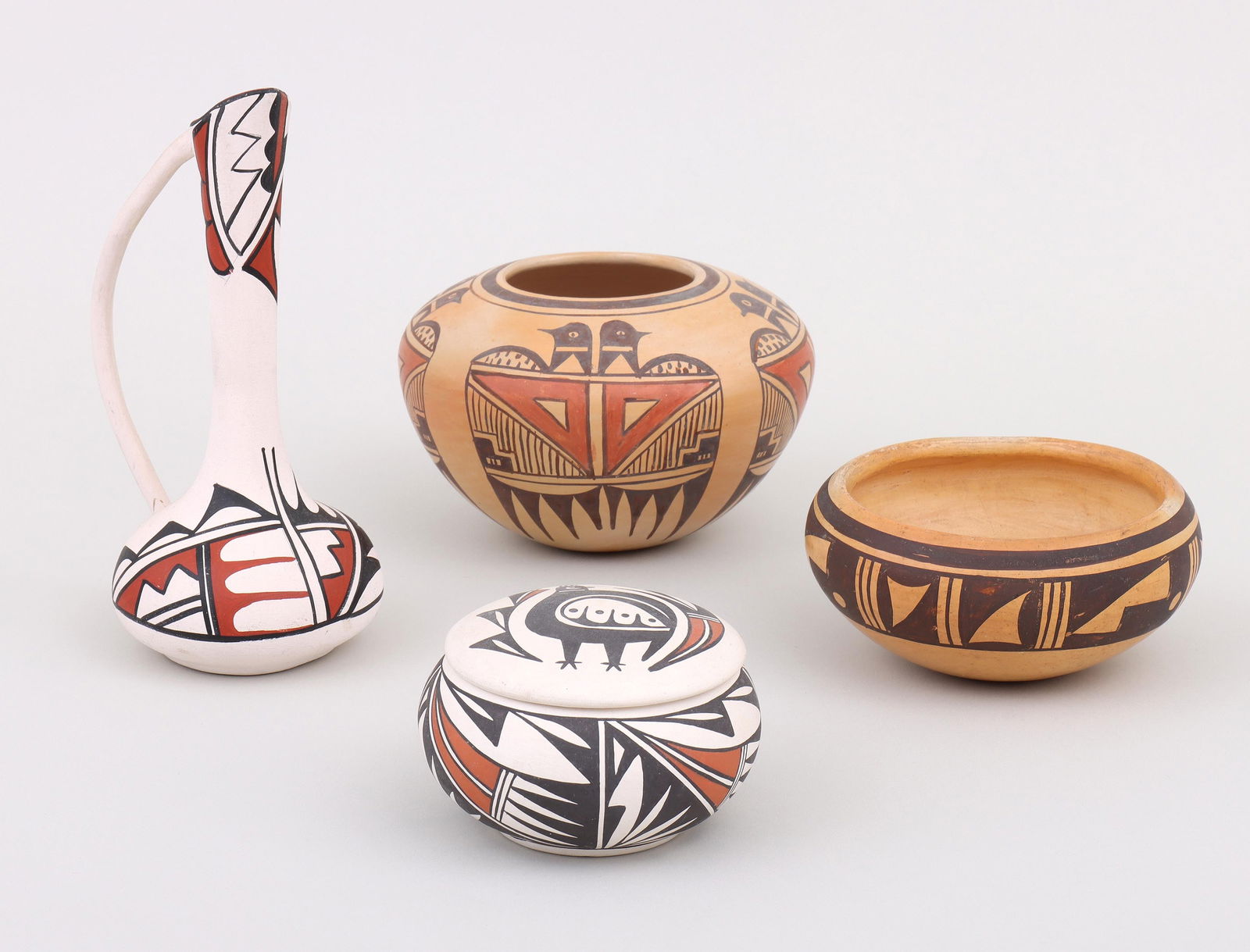 Group of (4) Native American Painted Pottery: Group of (4) Native American Painted Potterywith geometric designs, to include: Elva Nampeyo (Hopi-Tewa, 1926-1985), jar with double-headed birds, signed and marked with “corn” cipher; Brenda