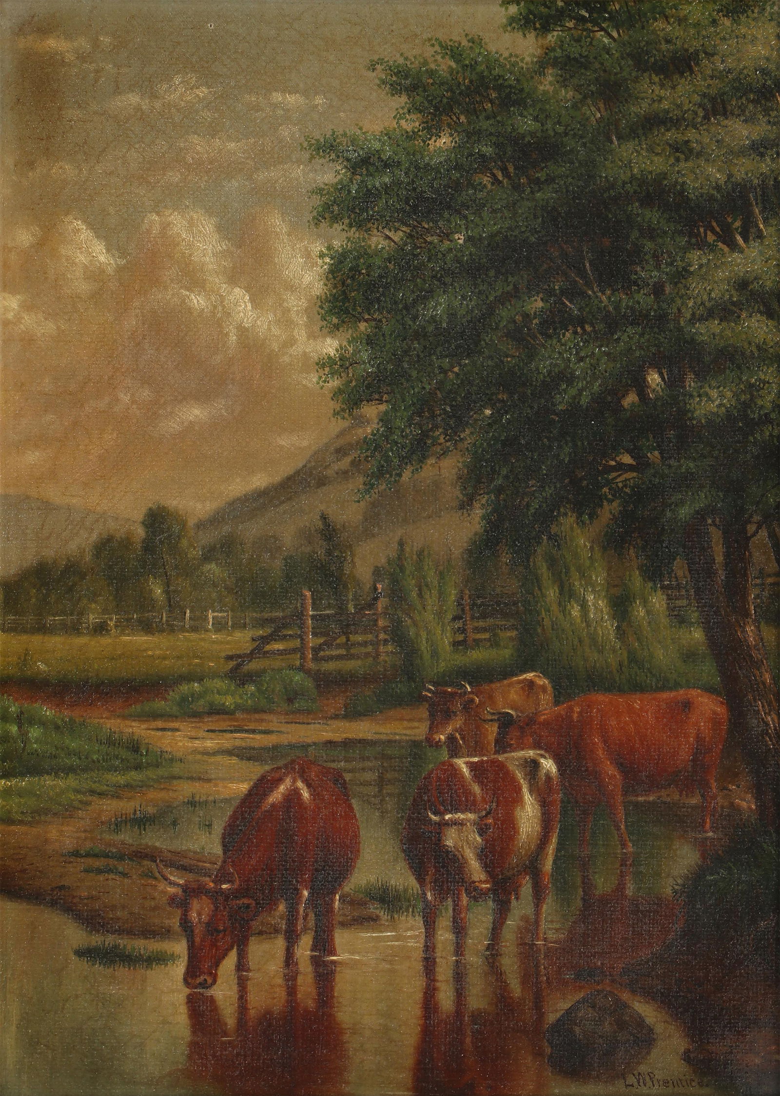 Levi Wells Prentice (American 1851-1935), Cows Watering: Levi Wells PrenticeAmerican, 1851-1935Cows Watering at a Streamoil on canvassigned ''L. W. Prentice'' lower left.Canvas 11''h x 8''w