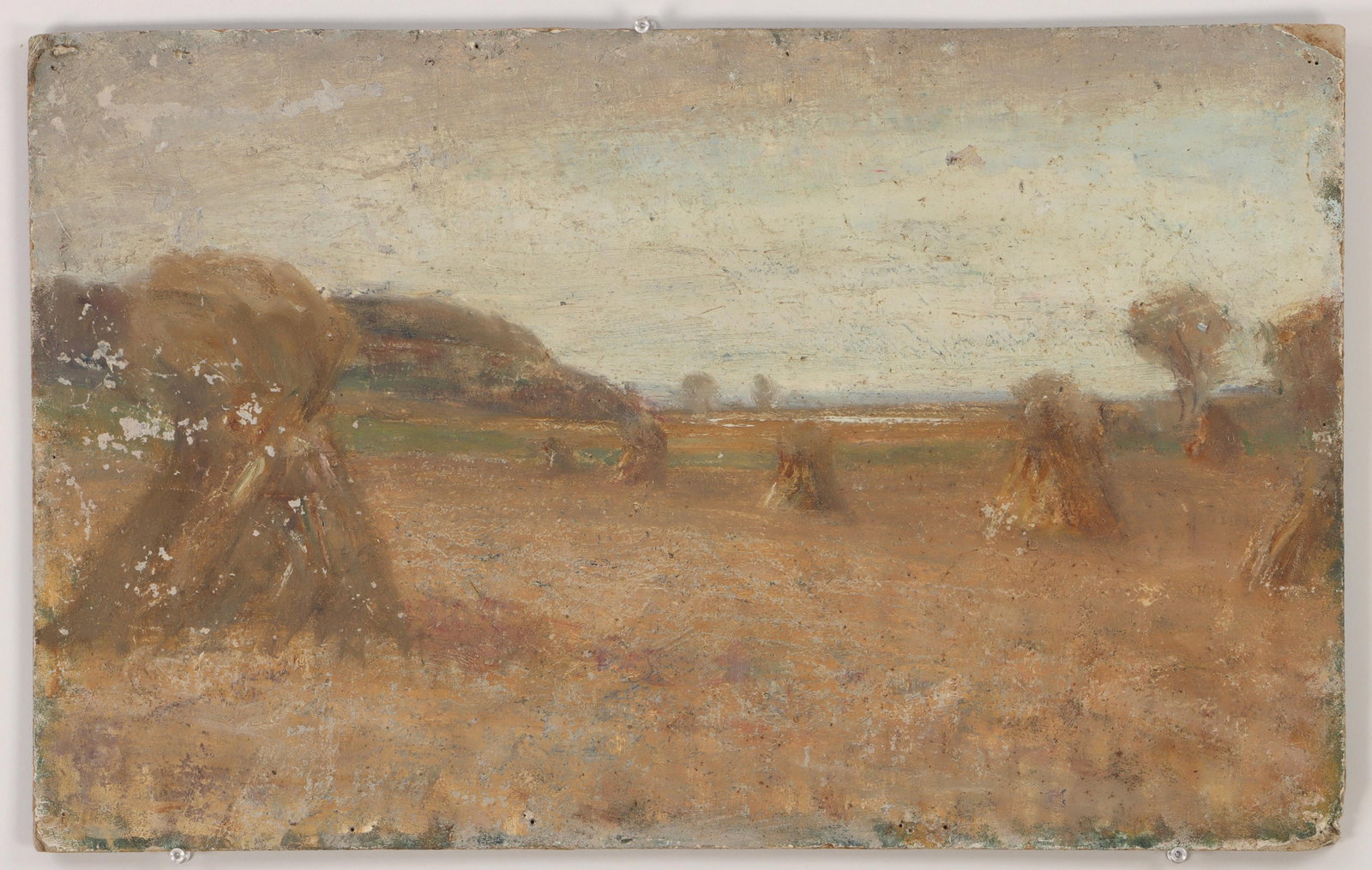 Julia M. Wickham (American 1866-1952), Haystacks: Julia M. Wickham American, Long Island, 1866-1952 Haystacks oil on board unsigned, unframed. Board 15''h x 24''w Provenance: Estate of the artist; to present owner by descent.