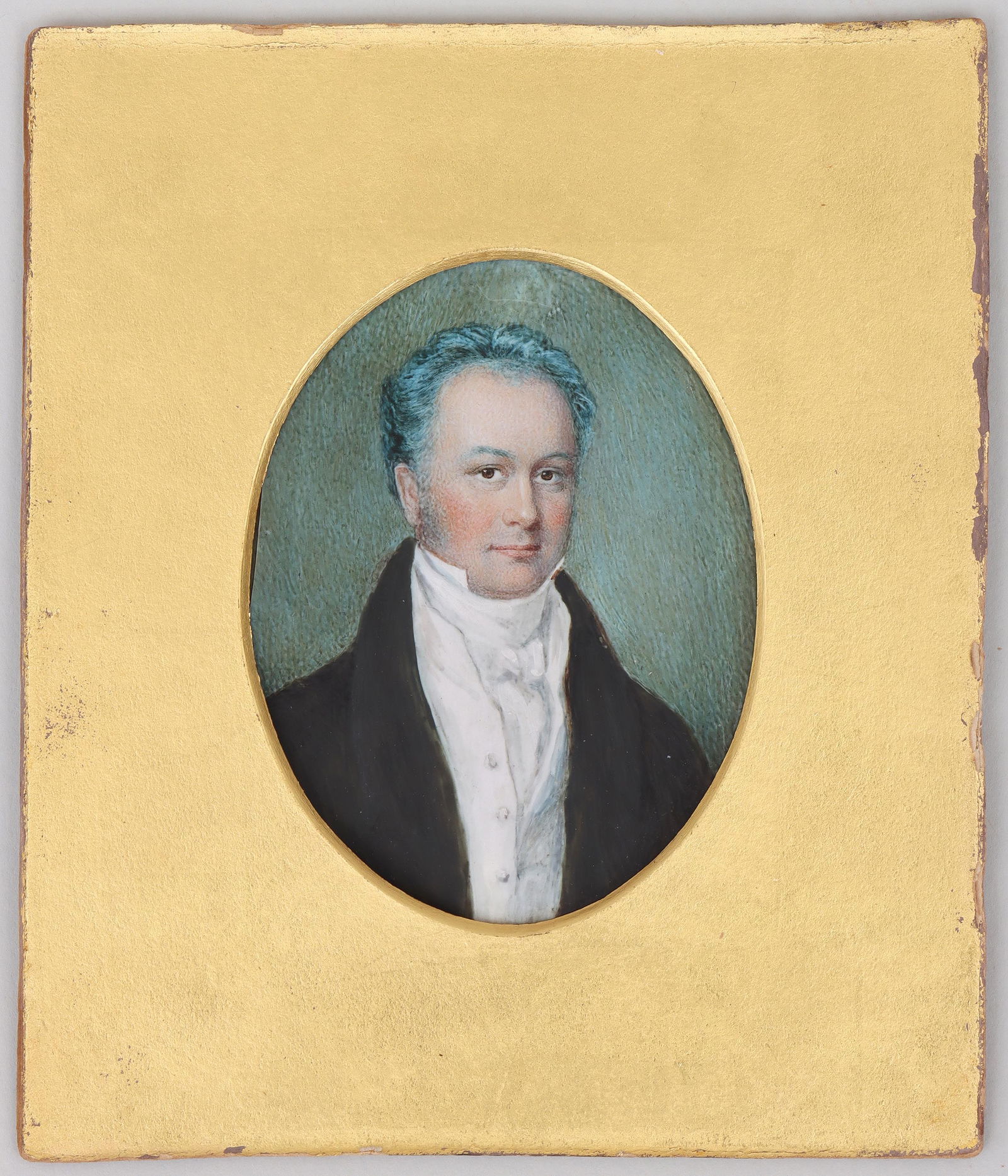 British School (19th Century), Portrait Miniature of a Gentleman: British School (19th Century), Portrait Miniature of a Gentlemanwatercolor, unsigned. Matted and framed under glass.Image 3 5/8 x 3 in. (9.2 x 7.6 cm.); Frame 9 1/4 x 8 in. (23.5 x 20.3 cm.)