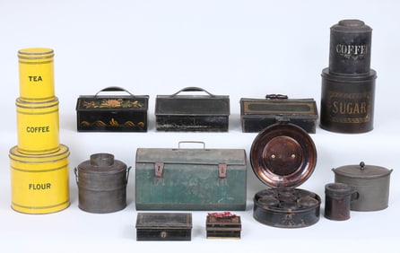 Group of (15) Tole Food Boxes, Carriers, and Kitchen Cannisters