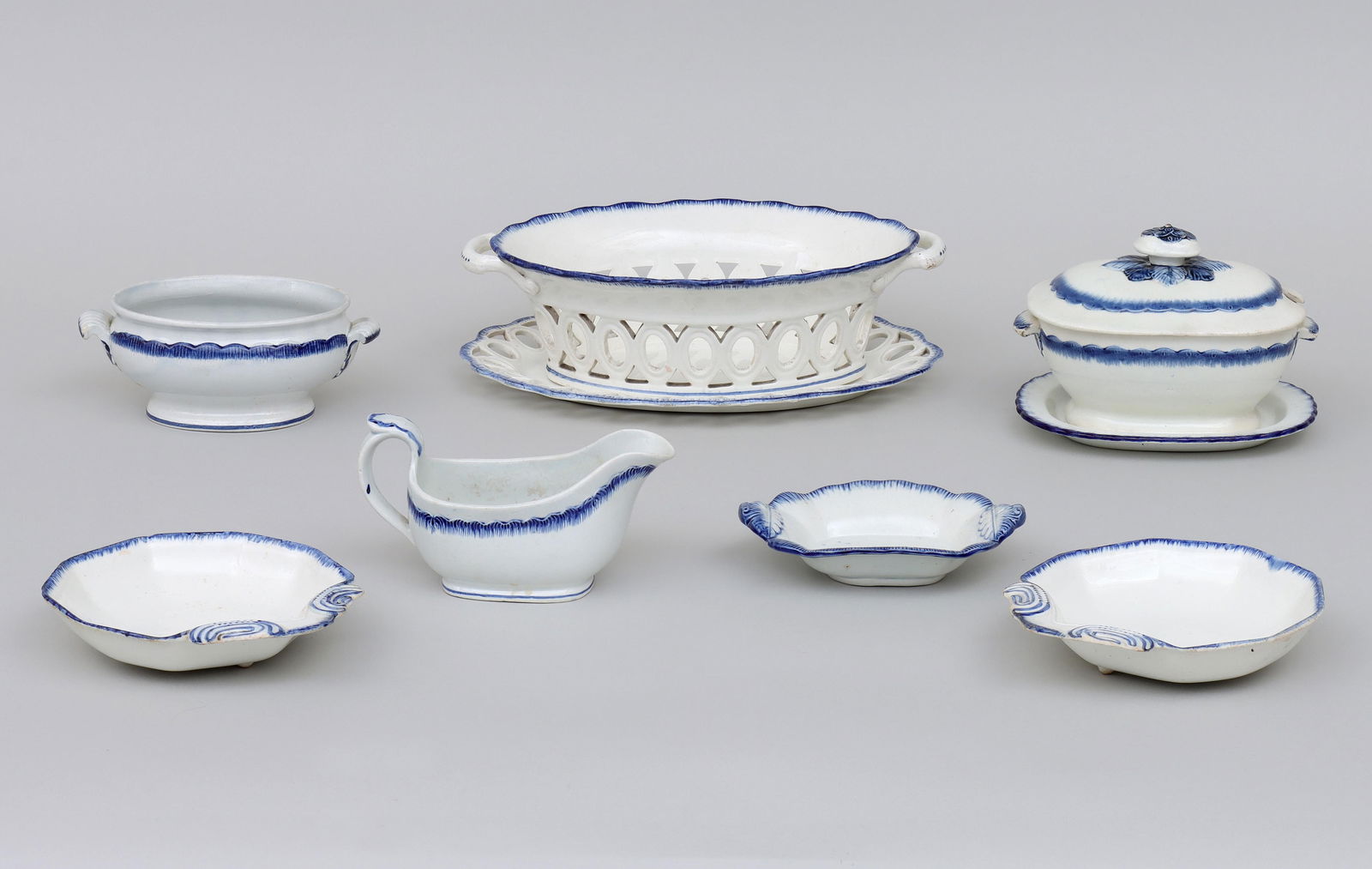 Group of (7) Feather Edge Pearlware Table Articles: Group of (7) Feather Edge Pearlware Table Articlesall having scalloped edges with cobalt decoration, to include: two-handled basket with underplate having pierced rim, impressed “Spode” and nu
