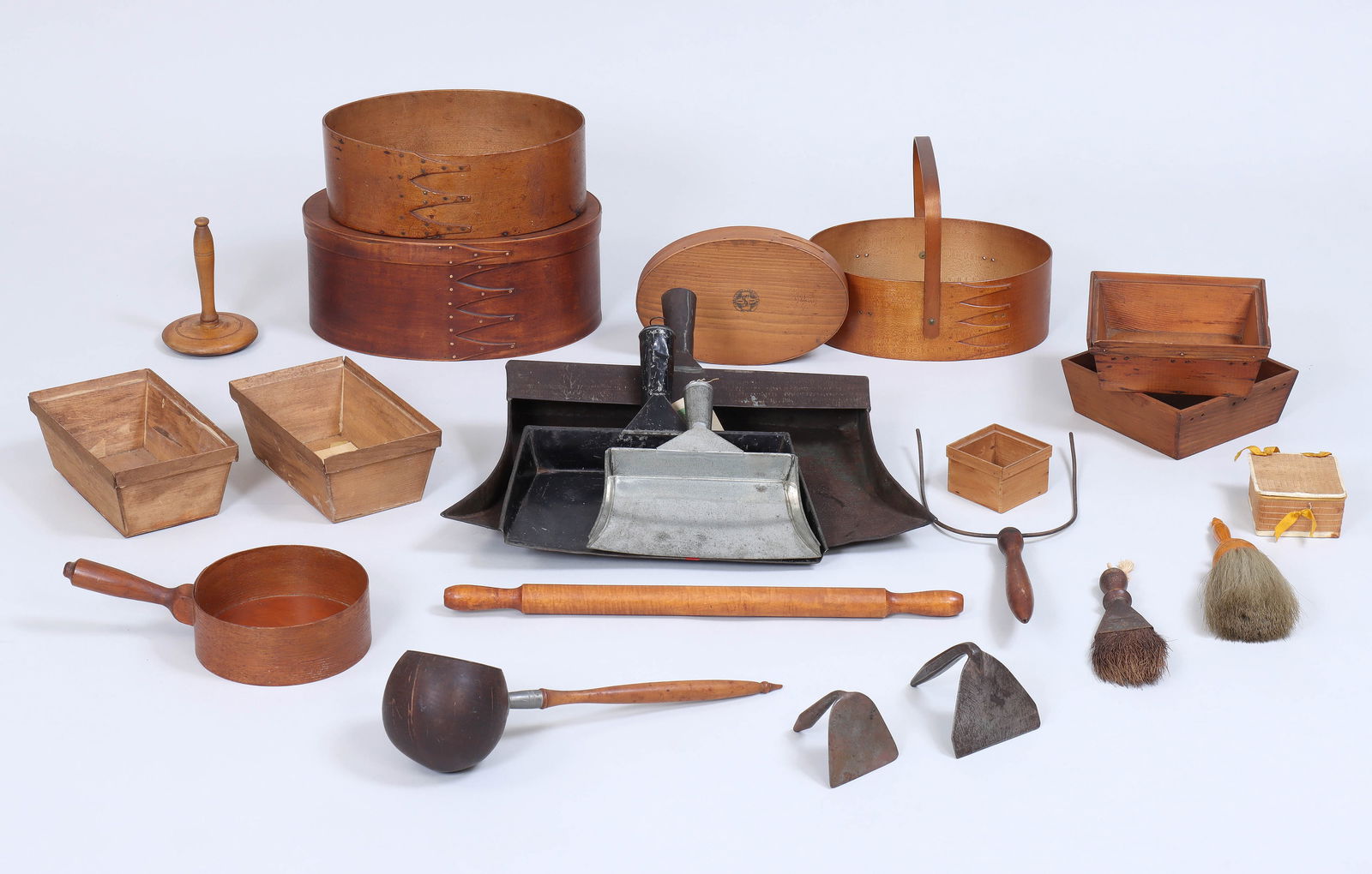 Collection of (20+) Shaker Items: Collection of (20+) Shaker Itemsto include: (2) large oval pantry boxes, (one lacking lid); Sabbathday Lake sewing carrier or basket having bentwood swing handle, bow, and interior with fabric lining,