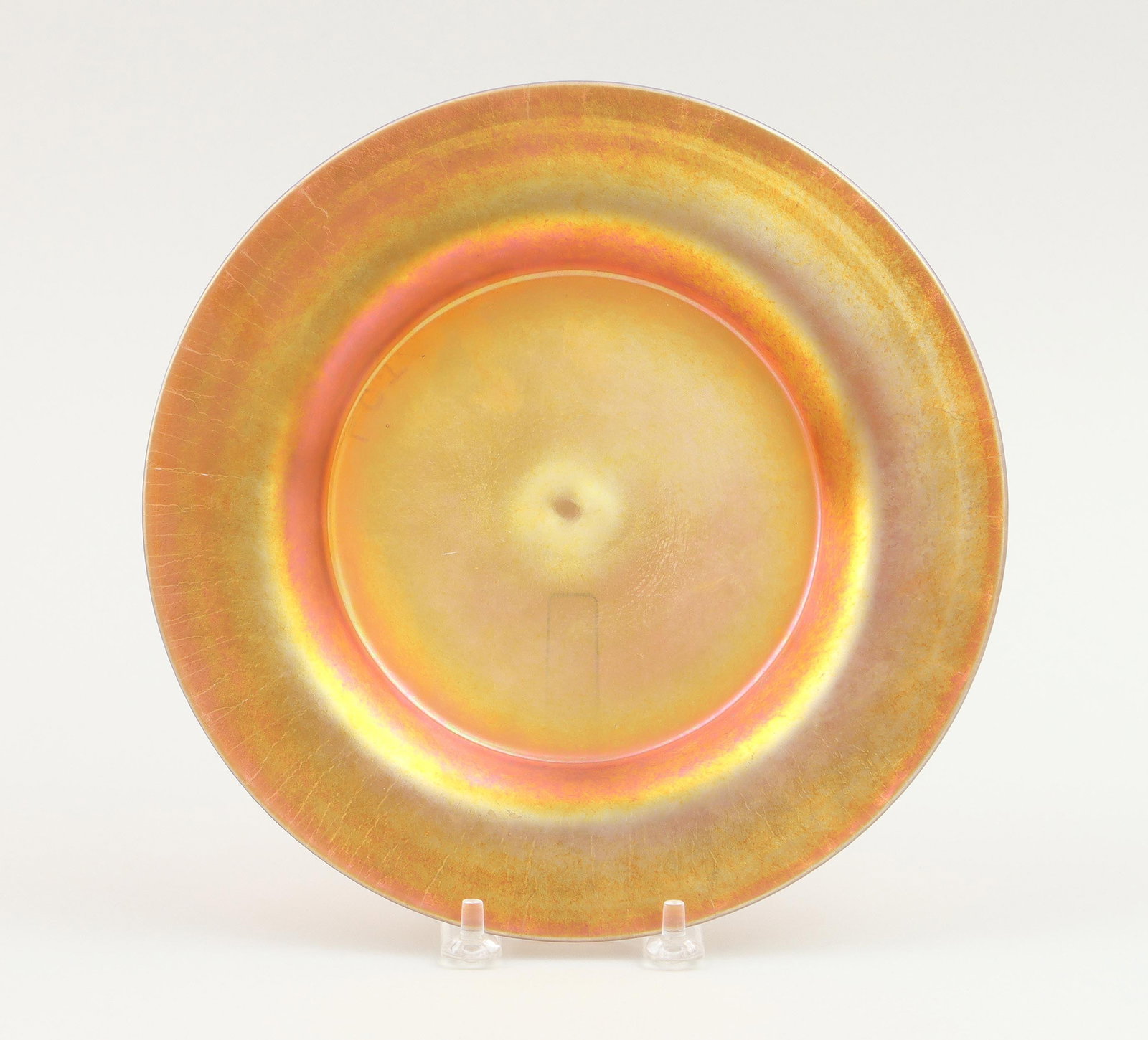 Tiffany Studios Favrile Glass Plate: Tiffany Studios Favrile Glass Plate marked ''L.C.T.'' on underside. 8-9/16"dia