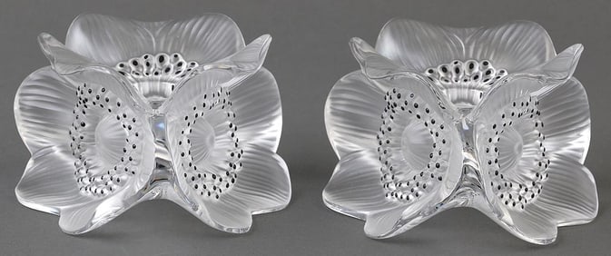 Lalique Pair of "Three Anemones" Crystal Candlesticks