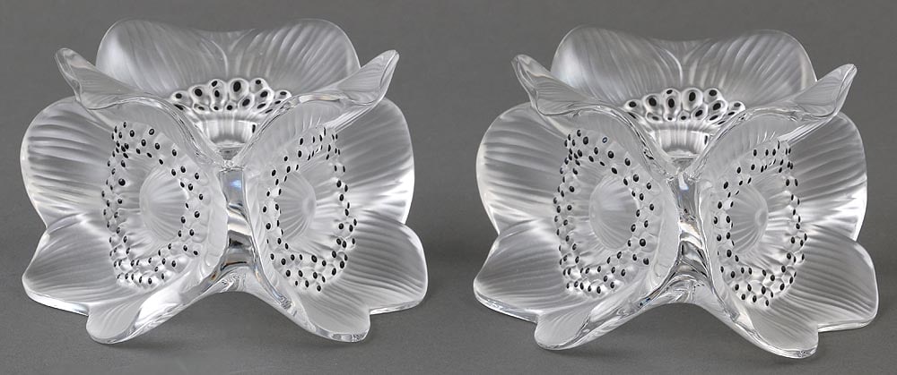 Lalique Pair of "Three Anemones" Crystal Candlesticks: Lalique Pair of "Three Anemones" Crystal Candlestickssecond half of the 20th century, signed "Laliques France" on bottoms.Approximately 3"h x 4-3/4"dia