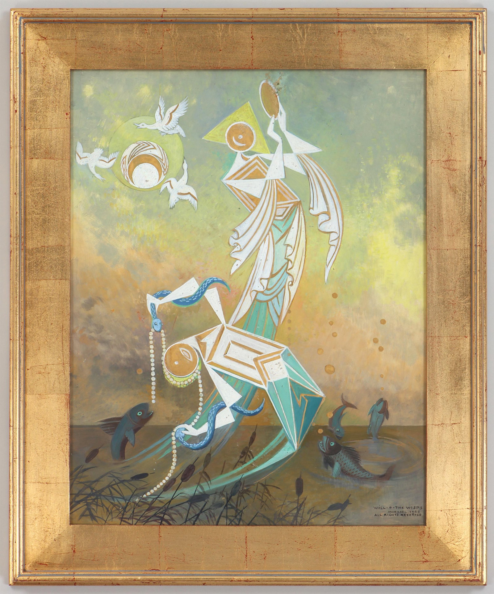 Julius Moessel (German/American 1871-1957), ''Will-o-the-Wisps'', 1953: Julius Moessel German/American, 1871-1957 ''Will-o-the-Wisps'', 1953 mixed media on board signed, titled and dated lower right. Board 28"h, 23"w