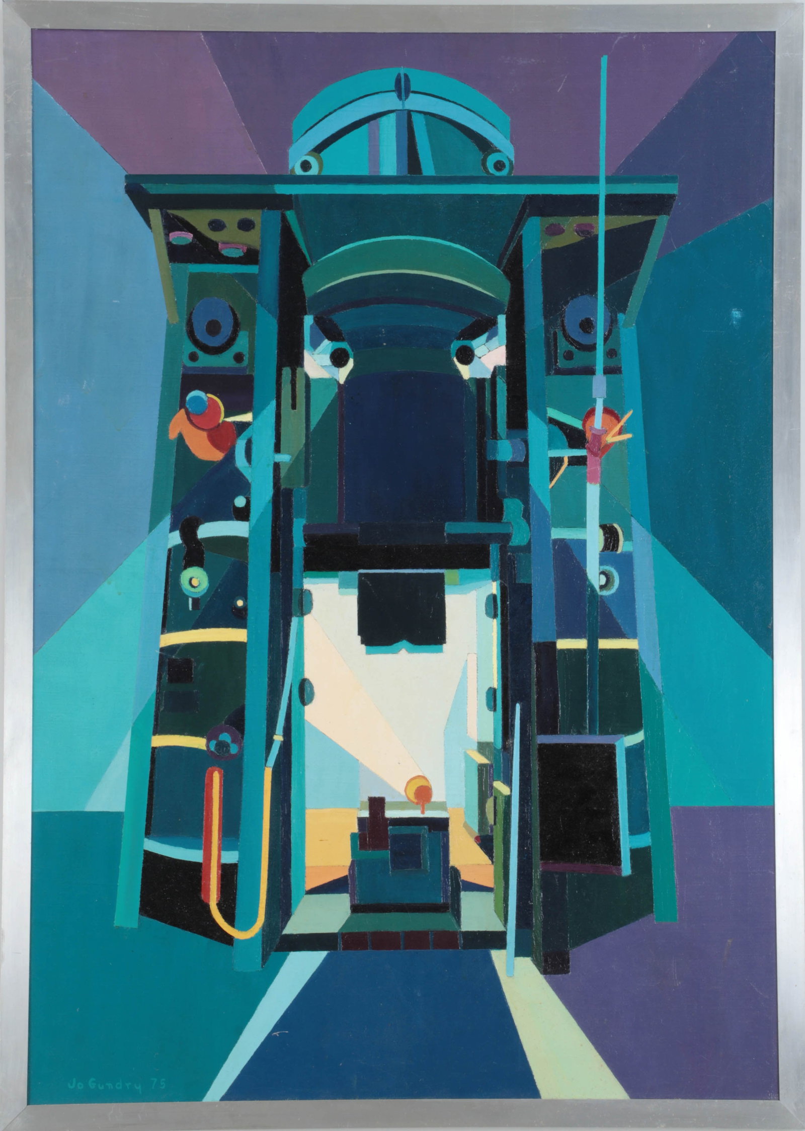 Jo Gundry (Swiss 20thC), ''L'Ogre Affame'' (The Famished Giant): Jo Gundry Swiss, 20th century ''L'Ogre Affame'' (The Famished Giant) oil on canvas signed and dated '''75'' lower left, dated, titled and signed to canvas verso. Canvas 45-3/4"h x 32"w