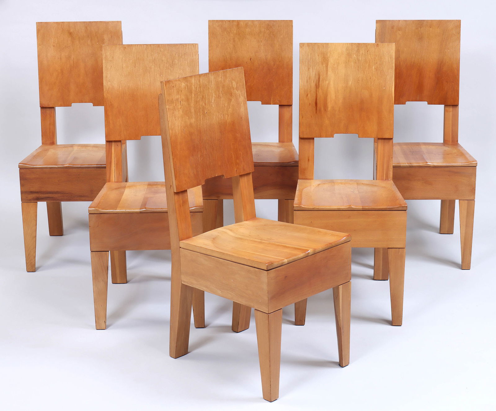 Set (6) Roy McMakin "Cove" Dining Chairs: Set of (6) Roy McMakin (American, b. 1956) "Cove" Dining Chairs1987, maple and maple plywood, for Domestic Furniture Company.35 1/4 x 14 7/8 x 19 3/4 in. (89.5 x 37.8 x 50.2 cm.), Seat heigh