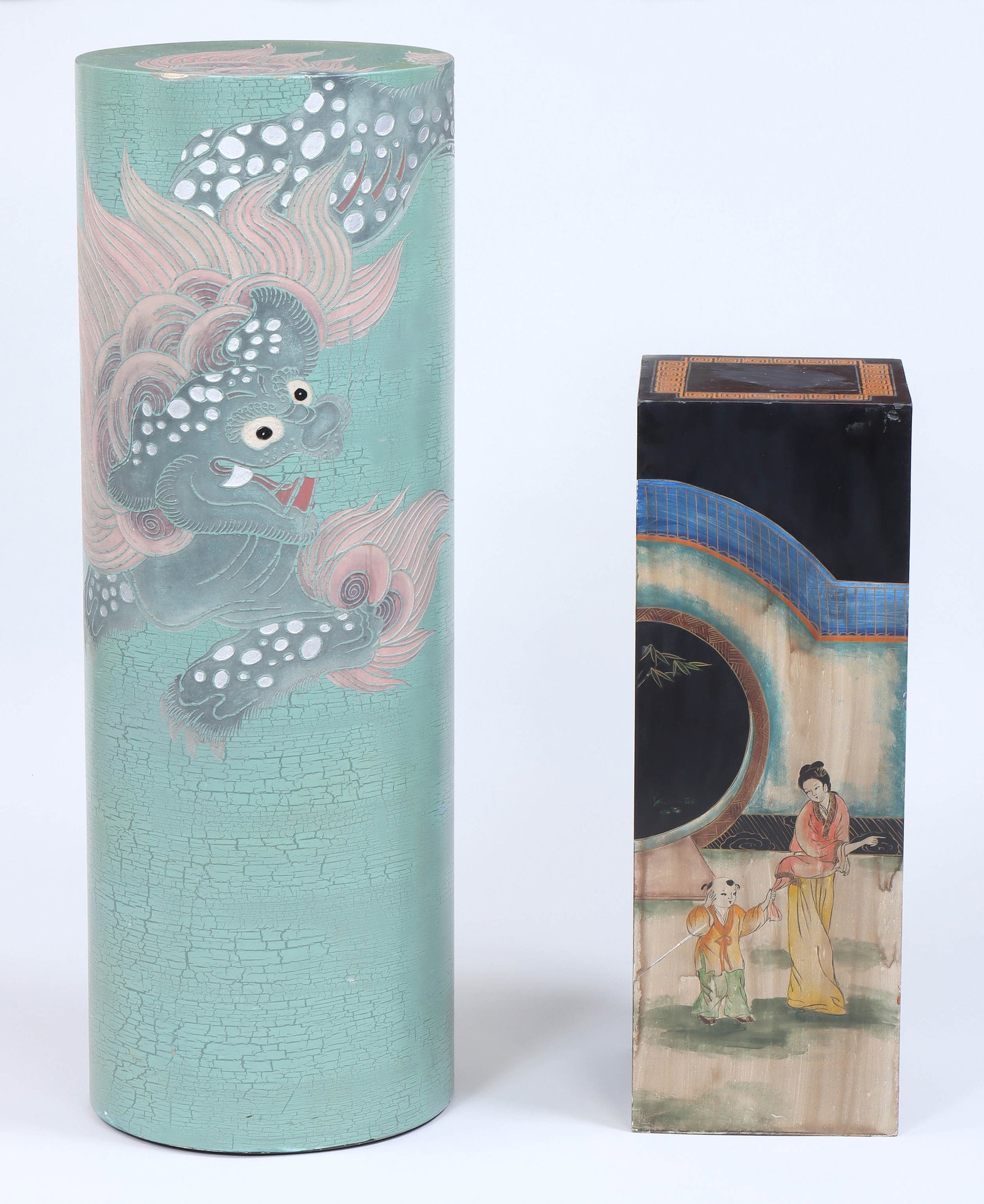 Group of (2) Contemporary Asian Pedestals: Group of (2) Contemporary Asian Pedestals to include: square ebonized pedestal with painted figural and geometric design; cylindrical lacquered pedestal with carved and painted dragon design. Larger 4