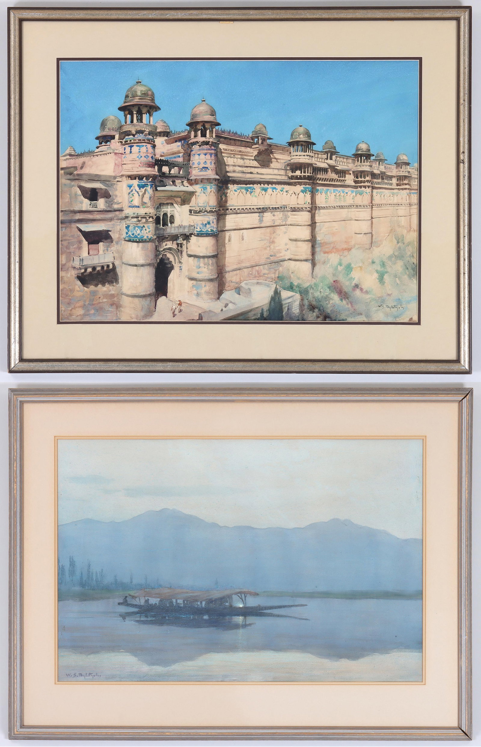 William S. Bagdatopoulos (British 1888-1965), (2) Orientalist Scenes: William Spencer Bagdatopoulos British, 1888-1965 Group of (2) Orientalist Scenes watercolor on paper to include: fishing boat at dawn, signed lower left; and Gwalior Fort, India, signed lower right. L