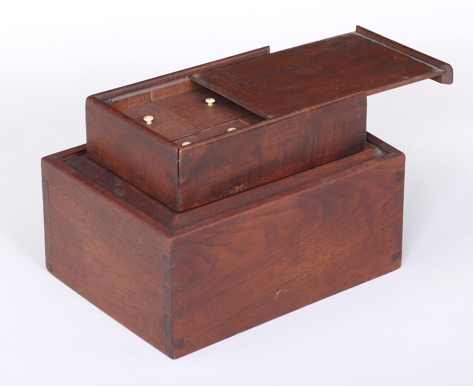 Group of (2) 19th Century American Slide-Lid Wood Boxes: Group of (2) 19th Century American Slide-Lid Wood Boxesto include: walnut box with dovetail construction, possibly Pennsylvania; and mahogany medicinal or herbal box with lock, the interior having (7)