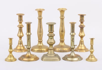 Group (9) Brass Candlesticks, some English, 18th/19th century