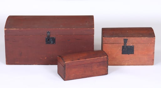 Group of (3) 19th Century American Red-painted Dome-top Boxes