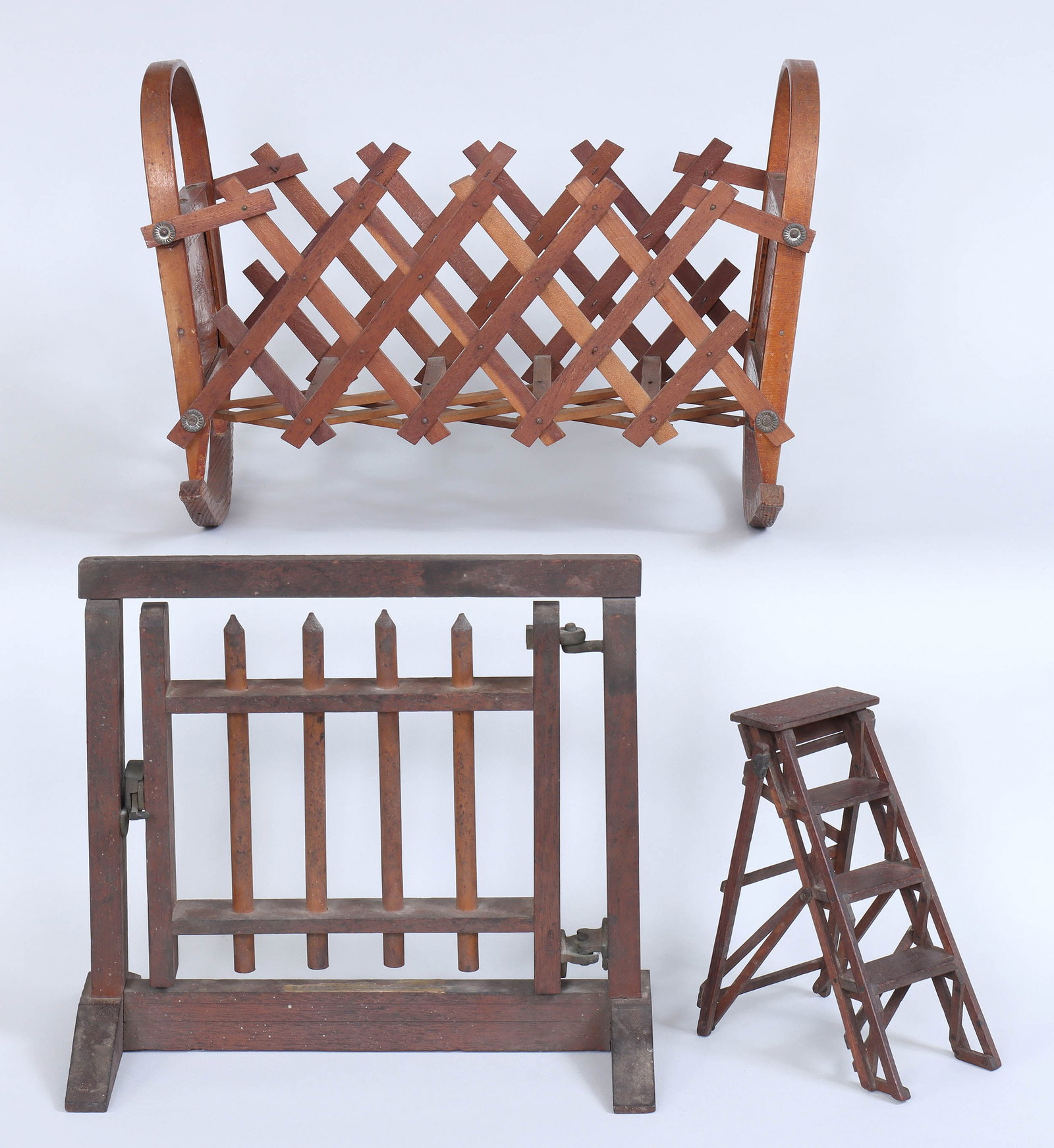 Group of (3) Wood Salesman Samples: Group of (3) Wood Salesman Samples to include: 19th century gate with metal latch and hinges, with partial label marked “S. Inger…’ls Patent February…th 1863”; 19th century folding cradl
