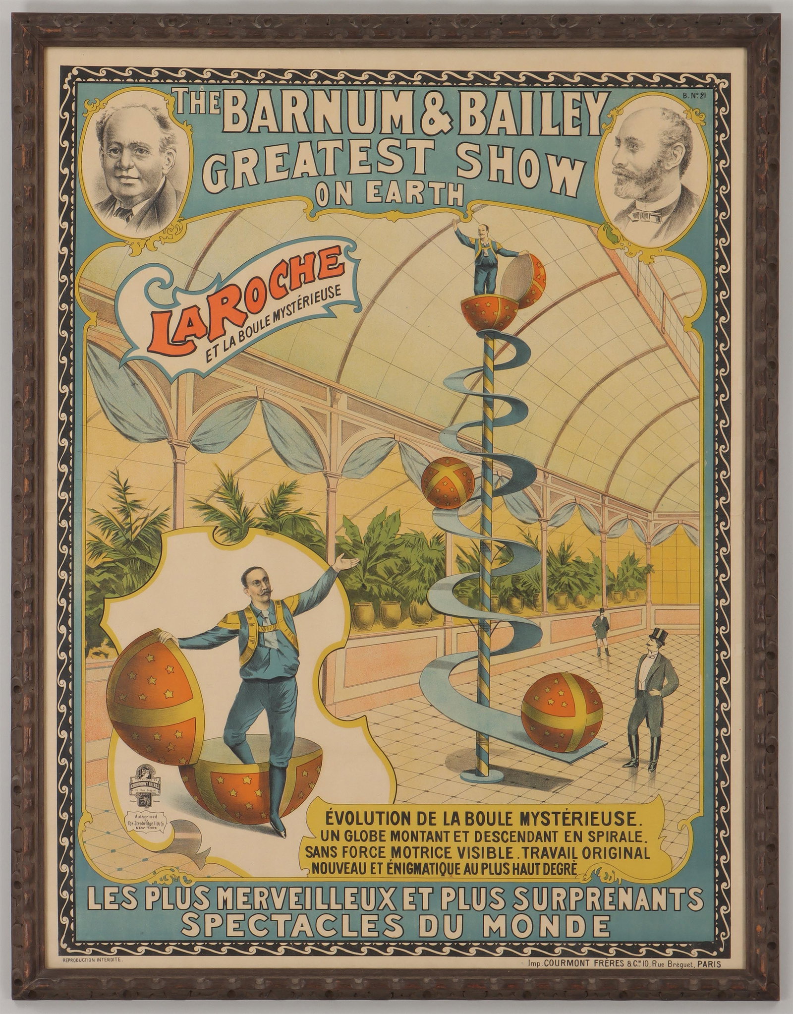 Barnum & Bailey "LaRoche and the Mysterious Ball" Circus Poster: Barnum & Bailey "LaRoche and the Mysterious Ball" Circus Poster in French, ''LaRoche et la Boule Mysterieuse'', color lithograph, published by Courmont Freres, Paris, early 20th century, aut