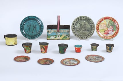 Collection (15) Tin Lithograph Teacups and Alphabet Plates