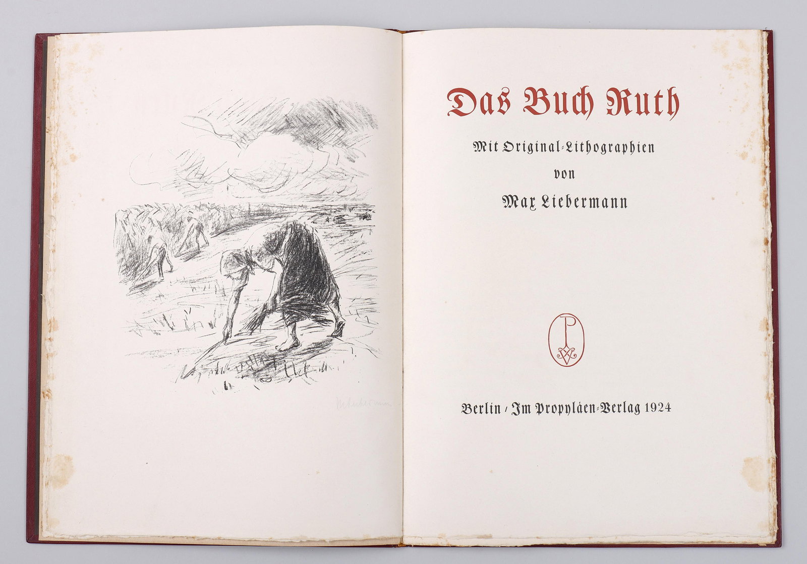 "Das Buch Ruth" with Lithographs by Max Liebermann: "Das Buch Ruth" with Lithographs by Max Liebermann (German, 1847-1935)having (5) pencil signed lithographs. Berlin: Propylaen-Verlag, 1924, illustrator's copy printed aside from an edition of 200, the