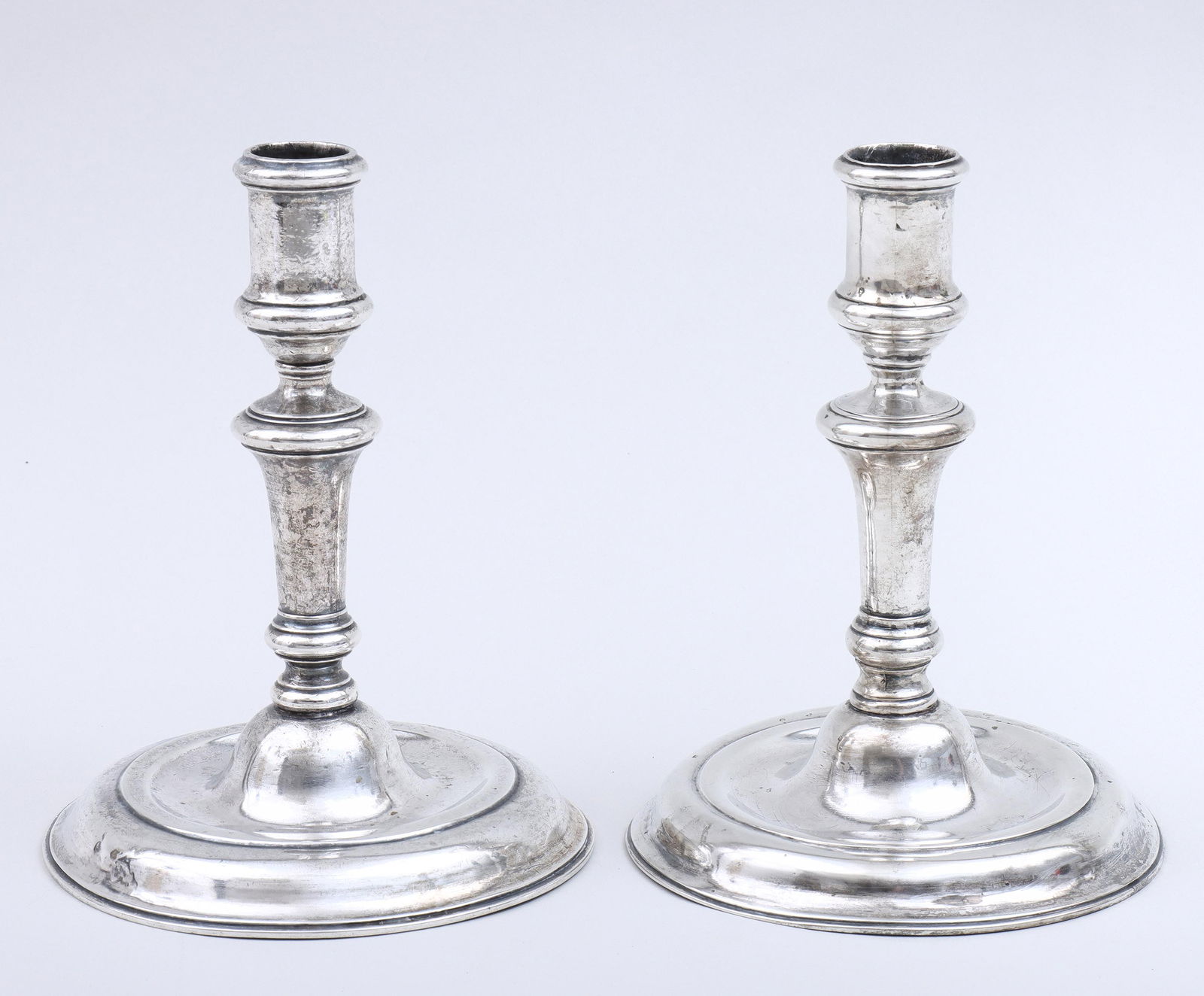 Pair of 18th Century German .812 Silver Candlesticks: Pair of 18th Century German .812 Silver CandlesticksDresden, one by Carl David Schrodel, c. 1762, inside of base monogrammed, numbered "53", inscribed and marked with Dresden city mark,"CDS" maker's m