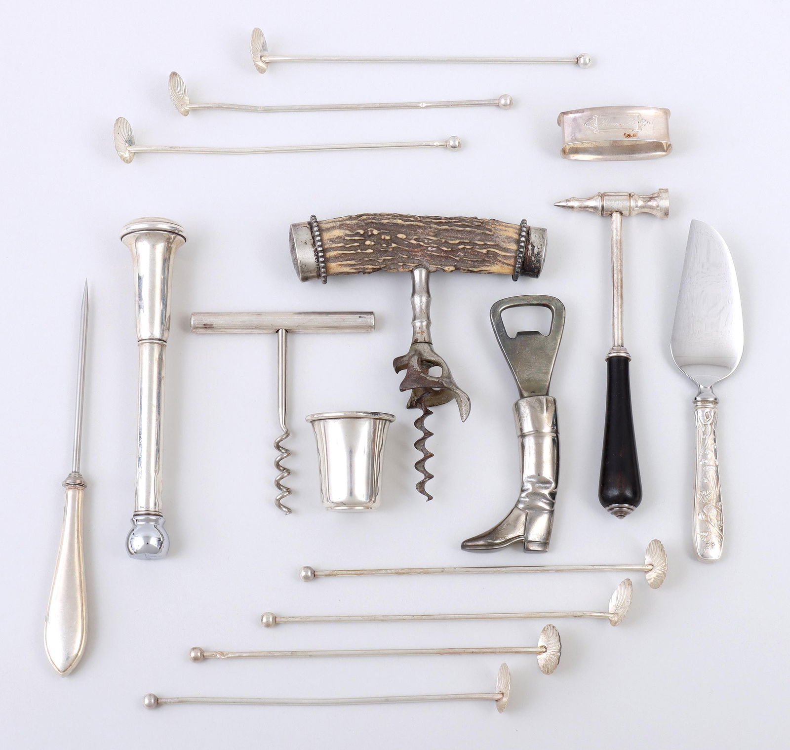 Group of (16) Sterling Silver and Silverplate Bar Items: Group of (16) Sterling Silver and Silverplate Bar Itemsto include: Tiffany & Co. sterling-handled cheese knife in the Audubon pattern; Tiffany & Co. sterling-handled corkscrew; Christofle silverplate