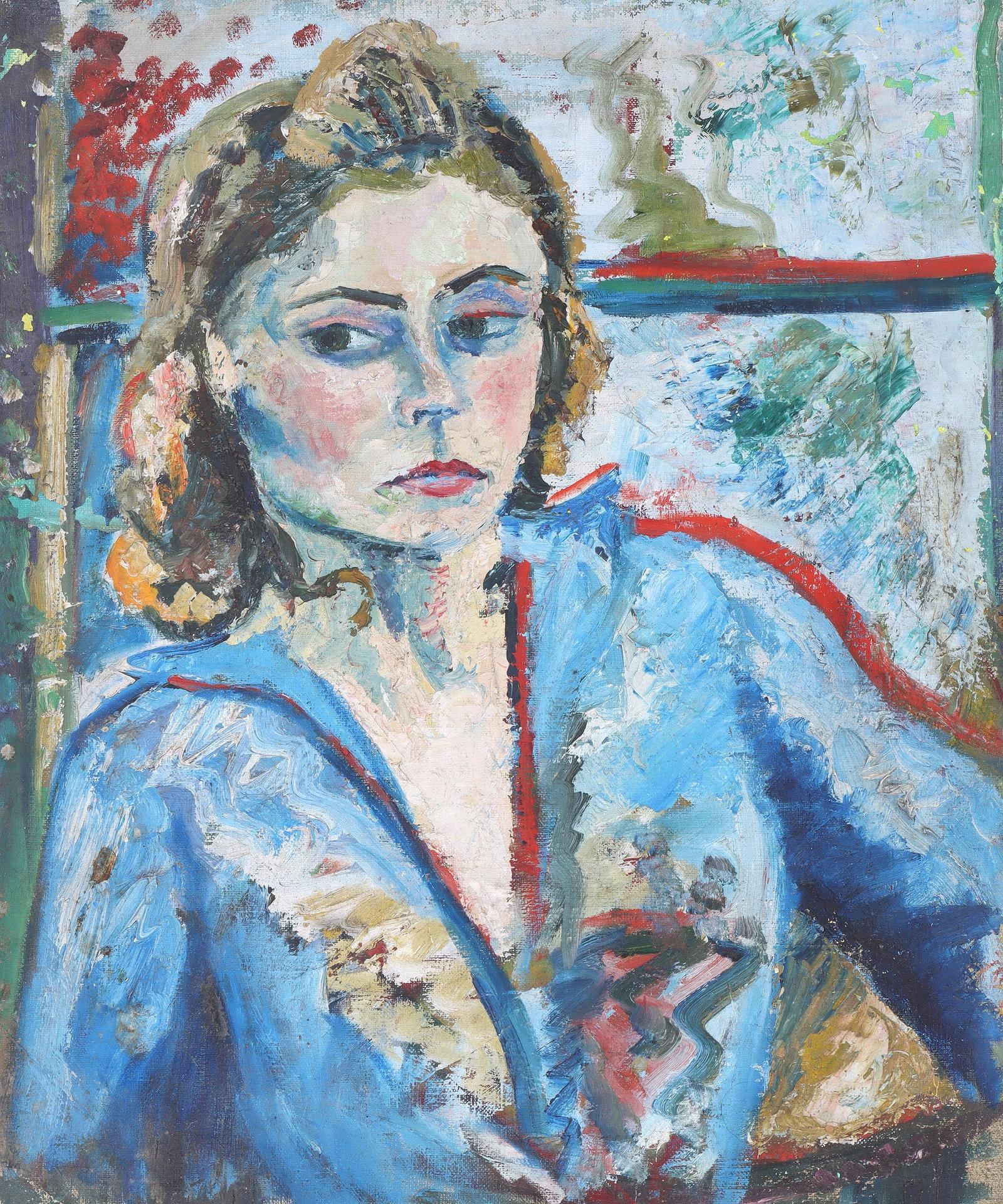 Mary Abbott (American 1921-2019), Self Portrait, 1941, oil on unstretched canvas: Mary AbbottAmerican, 1921-2019Self Portrait, 1941oil on unstretched canvassigned and dated on canvas verso. Unmounted and framed under glass.Image 21 3/8 x 17 5/8 in. (54.3 x 44.8 cm.); Full canvas 22