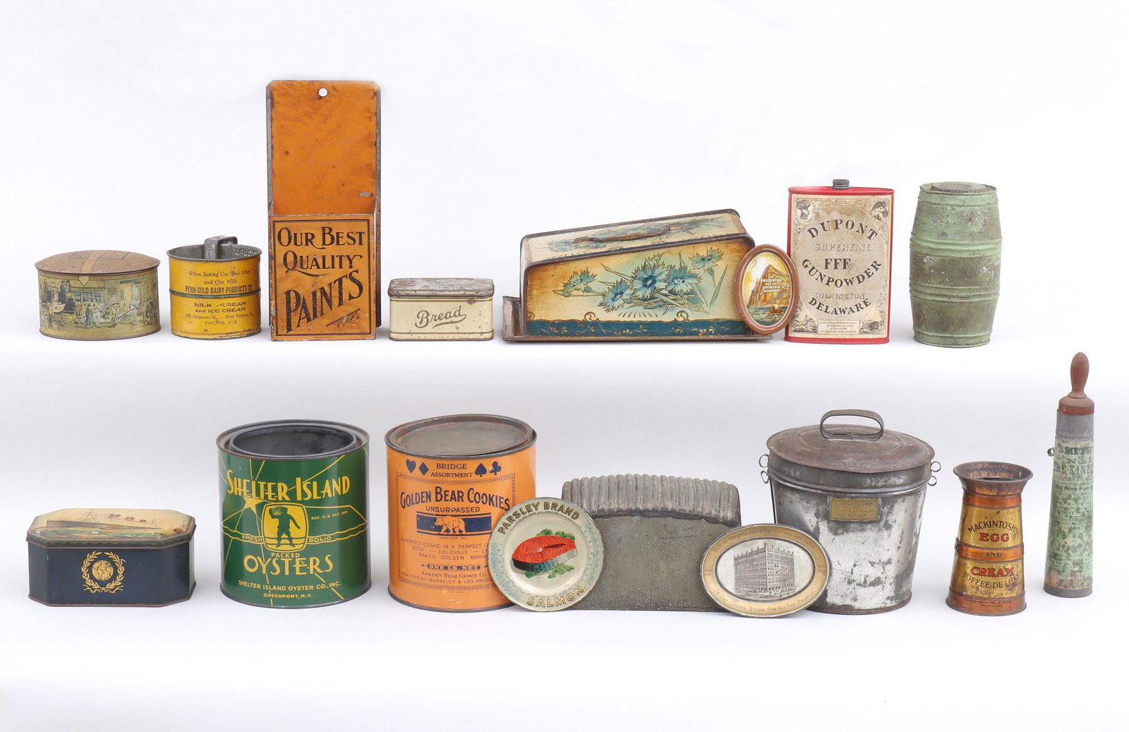 Group of (17) Advertising Tins: Group of (17) Advertising Tins to include: wedge-form lidded cheese tray or cloche; Smith's Firekindler; Dupont gunpowder flask; "Our Best Quality Paints" wall pocket, marked "Am Can. Co."; "Golden Be