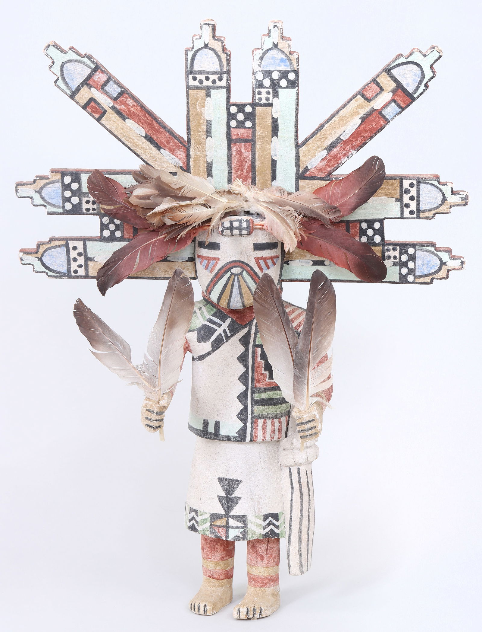 Manfred Susunkewa (Hopi b. 1940): Manfred SusunkewaHopi, b. 1940"Palhikwmana (Butterfly Maiden)" Katsina Figurecarved wood, natural pigments, featherssigned and marked with "spider" cipher on bottom.17 3/8 x 13 x 5 1/2 in. (44.1 x 33