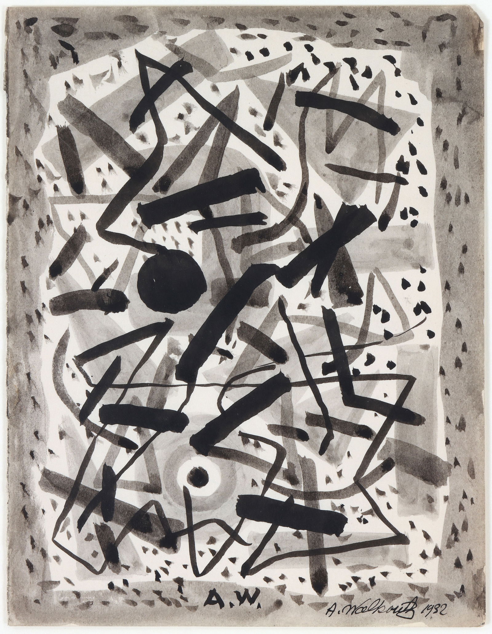 Abraham Walkowitz (American 1878-1965): Abraham WalkowitzAmerican, 1878-1965Untitled (Abstract), 1932ink and wash on paperinitialed "A. W." in image, signed and dated lower right. Zabriskie Gallery (New York) label adhered to frame verso. F