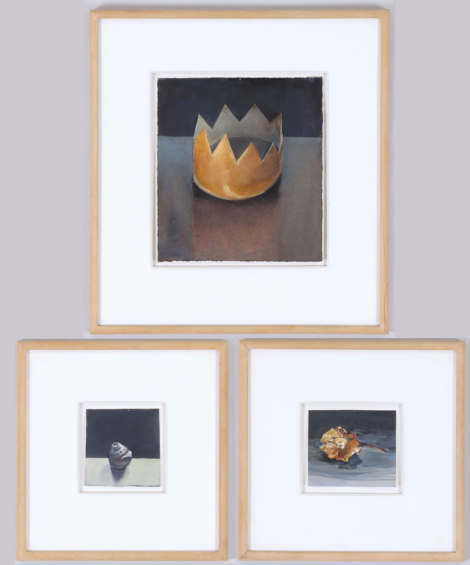 Michael Gregory, (American b. 1955): Michael GregoryAmerican, b. 1955Group of (3) Works on Paper, 1991oil on paperunsigned on recto, titled and dated on Nancy Hoffman Gallery labels adhered to frames verso, to include: "Kingdom Come"; "E