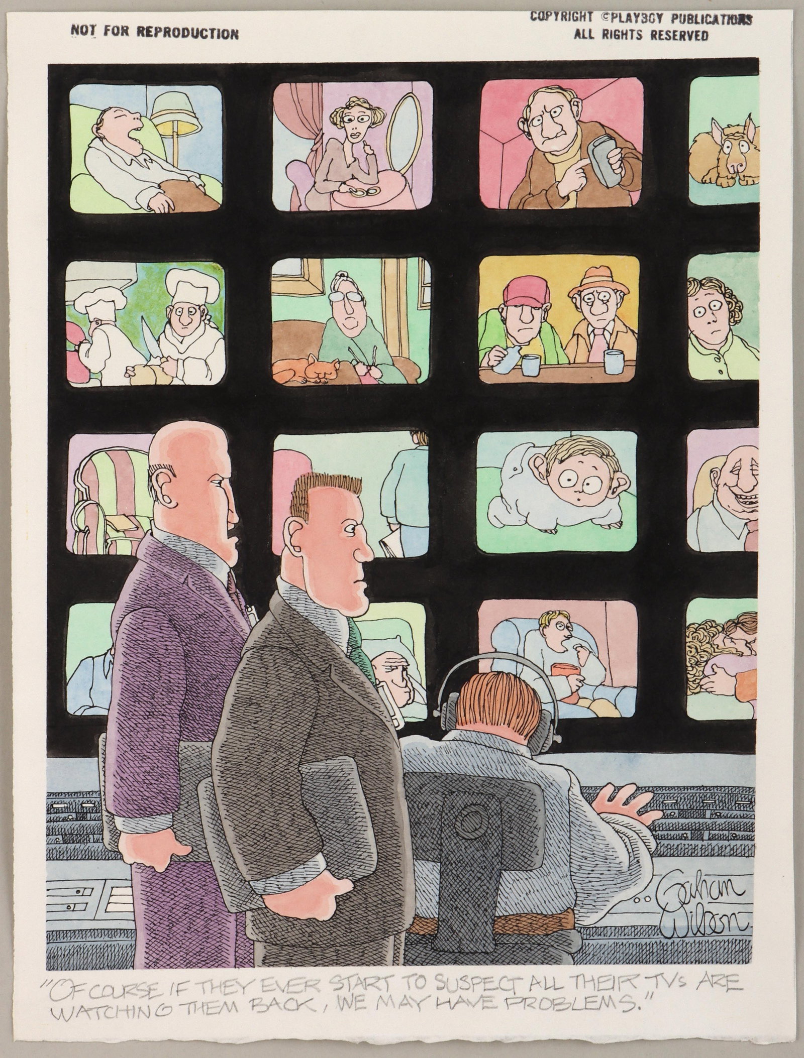 Gahan Wilson (American 1930-2019): Gahan Wilson American, 1930-2019 "Of Course, If They ever Start to Suspect All Their TVs are Watching Them Back, We May Have Problems" pen, ink, watercolor and gum arabic on paper signed lower right. 