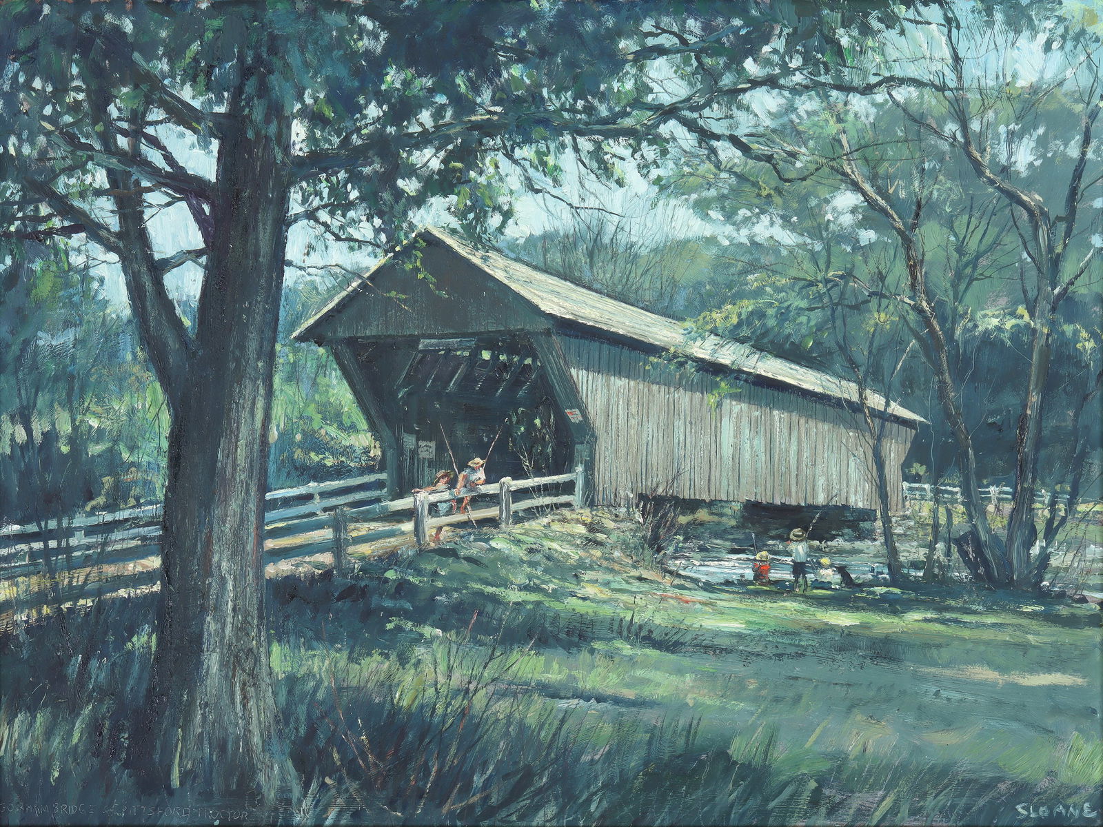 Eric Sloane (American 1905-1985), "Gorham Bridger": Eric SloaneAmerican, 1905-1985"Gorham Bridge - Pittsford Proctor" (Vermont)oil on Masonite boardsigned lower right and titled lower left.Board 17 3/4 x 24 in. (45.1 x 61 cm.); frame 23 3/4 x 28 3/4 in