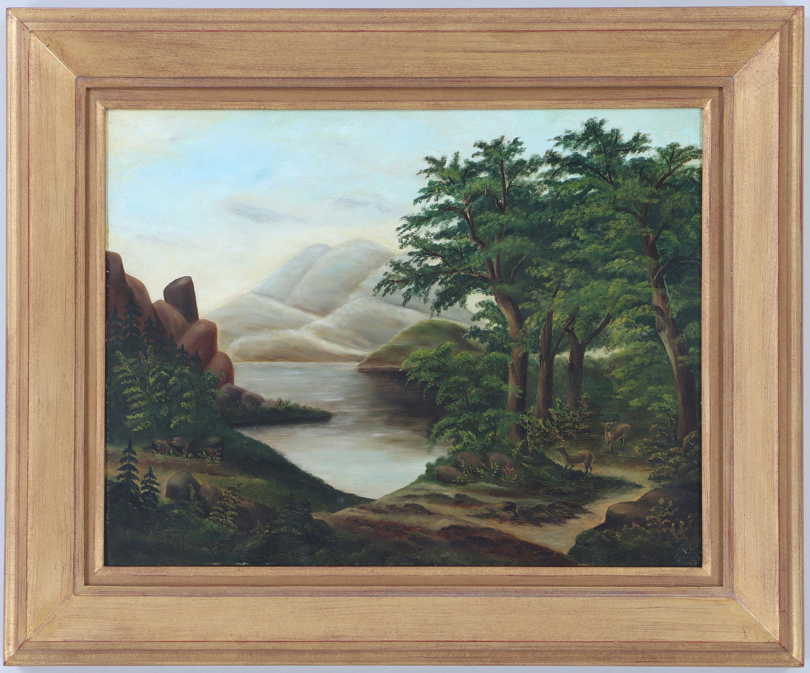 American School (19th century): American School (19th century), Hudson River landscape oil on board, initialed ''J. A. C.'' and dated 1888 or 1889 at lower right. Board 14-1/4"h x 18-1/2"w