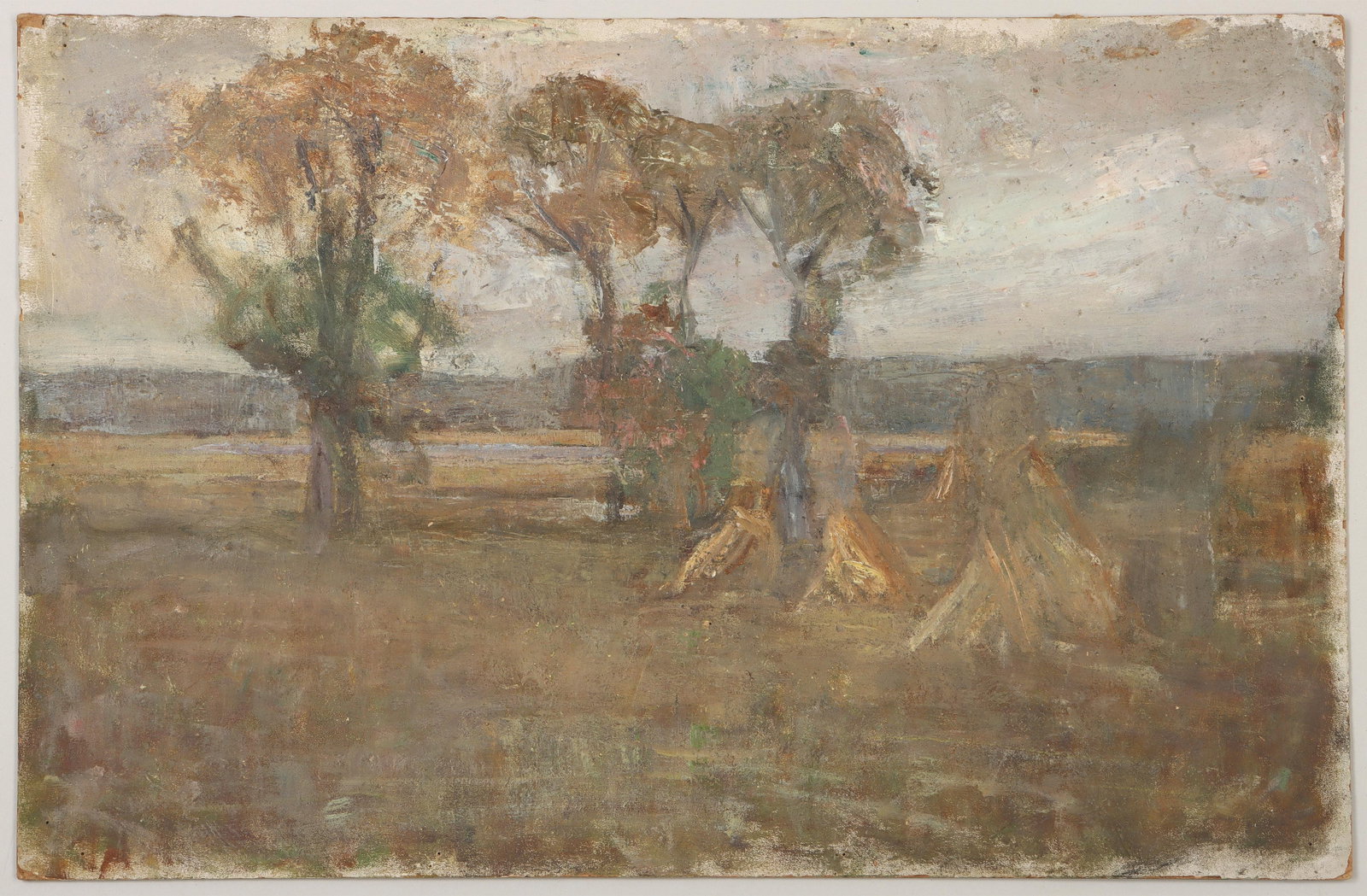 Julia M. Wickham (American, Long Island 1866-1952): Julia M. Wickham American, Long Island, 1866-1952 Landscape with Haystacks oil on Academy board unsigned, unframed. Provenance: Estate of the artist; to present owner by descent. Board 18 x 27 in. (45