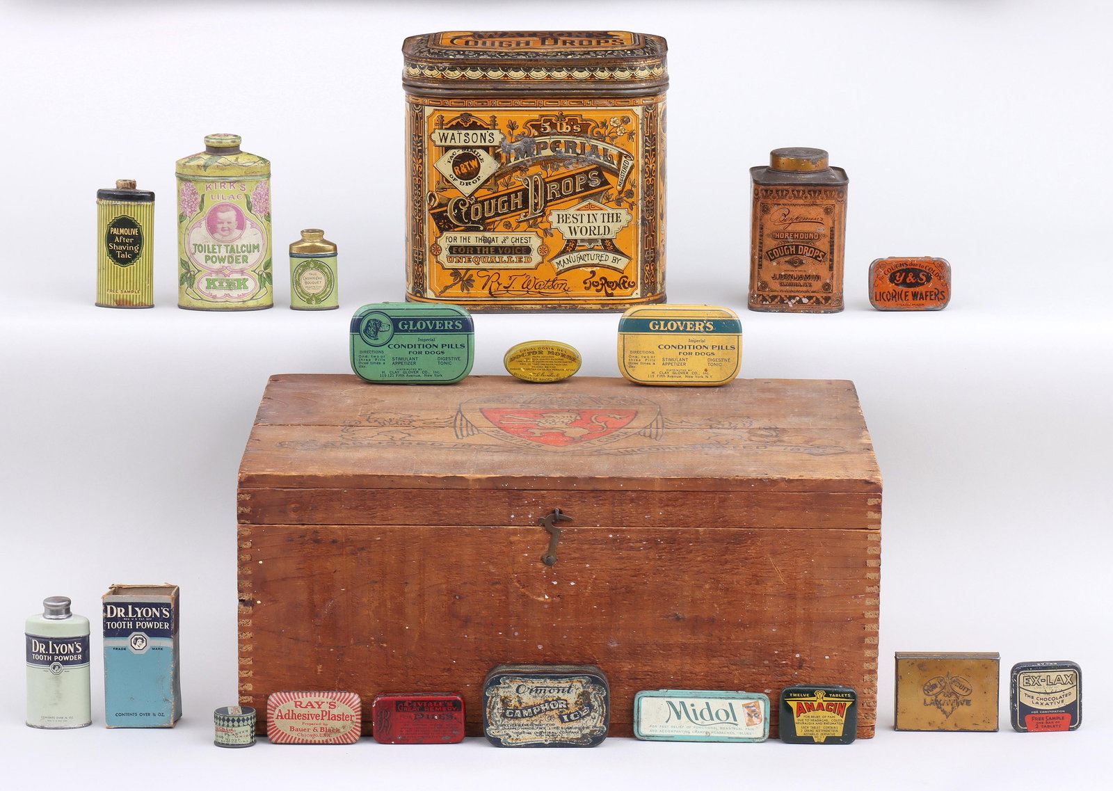 Group of (19) Medicinal Containers: Group of (19) Medicinal Containers to include: (8) pill boxes for painkillers and other medicines, comprising Anacin, Midol, (2) Glover's Condition Pills for Dogs, Civiali's Great Remedy for Piles, Dr