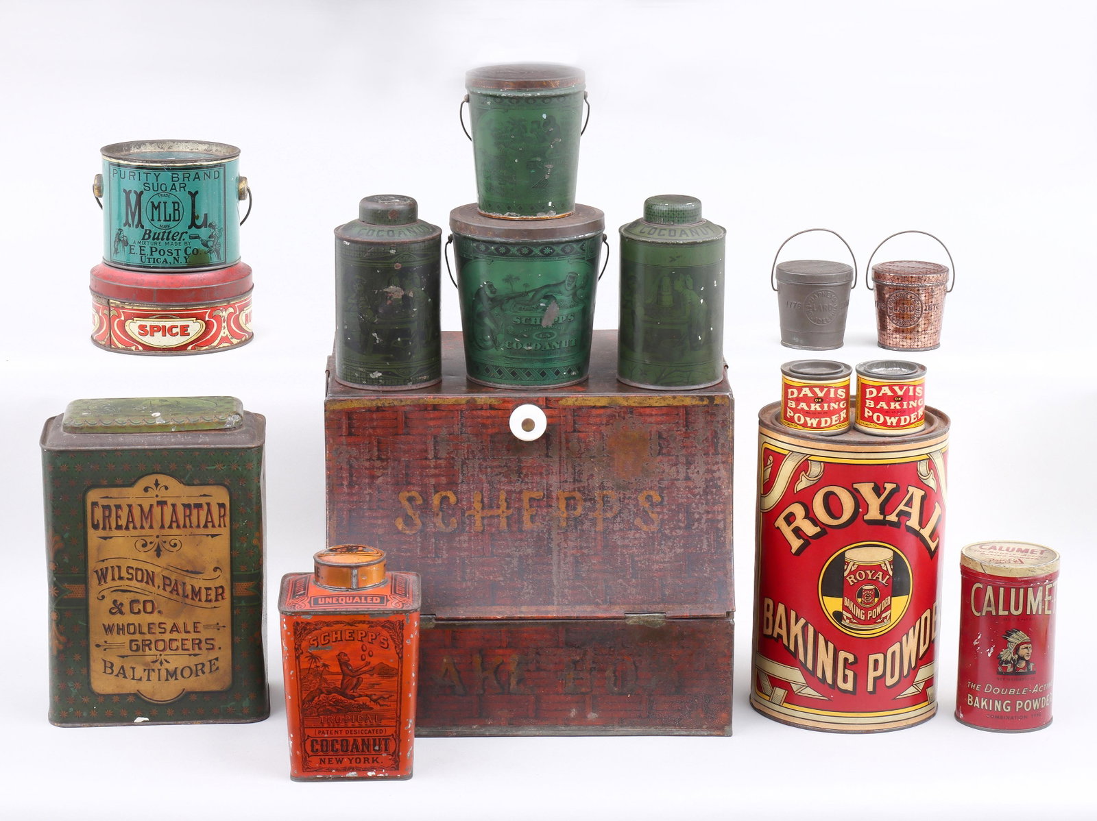 Group of (15) Baking Ingredient Tins: Group of (15) Baking Ingredient Tins to include: (6) Schepp's Cocoanut tins, comprising a large "Cake Box" tin, two lidded pails with bail handles, a square-tapering cannister, and two round