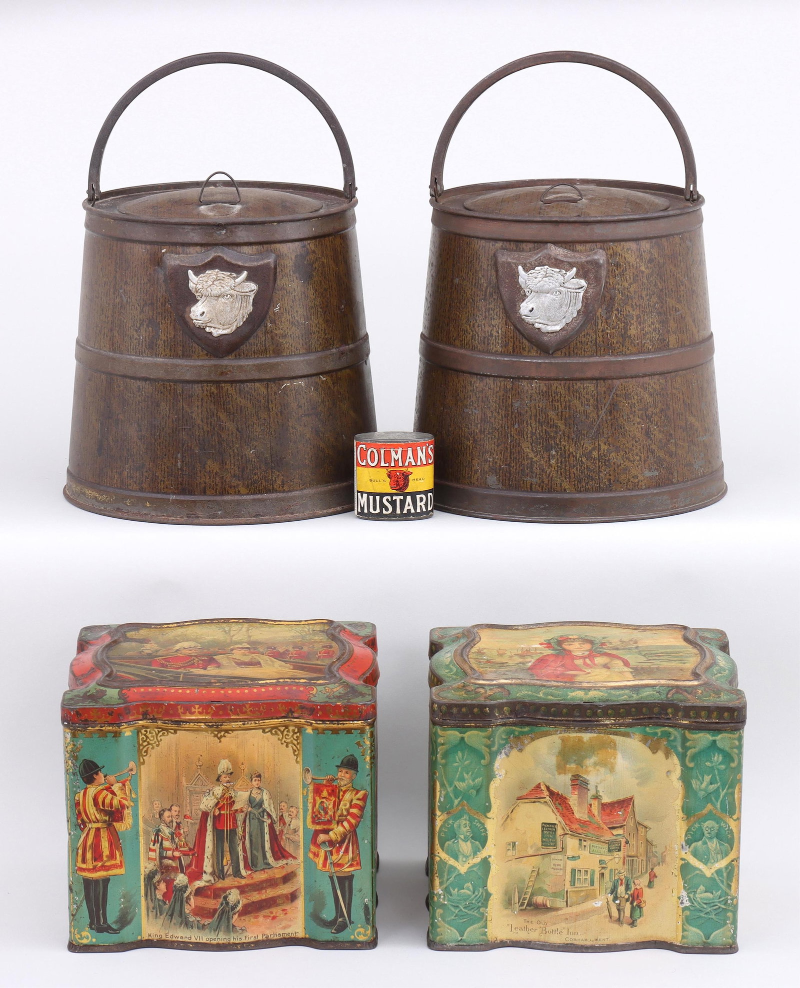 Group of (5) English Mustard Tins: Group of (5) English Mustard Tins to include: (2) Colman's mustard bucket-form tins, of tapering form with swing handle, printed woodgrain effect, and bull's head relief plaque on a shield cartouche, 