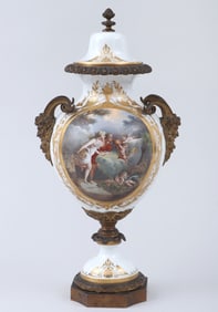 Large Sevres-Style Gilt Bronze Mounted Porcelain Urn