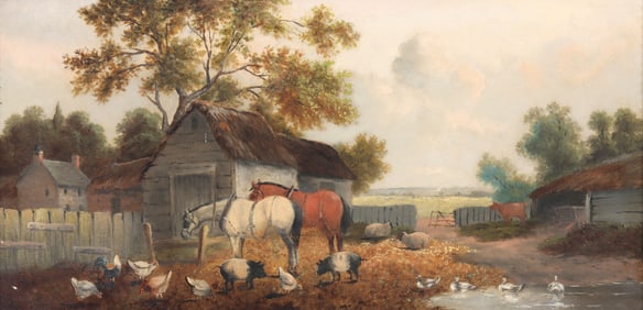 Attributed to John Frederick Herring Jr. (British 1815-1907), Horses and Animals in a Farmyard, oil