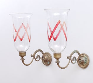 Pair of Brass Sconces with Hurricane Glass Shades