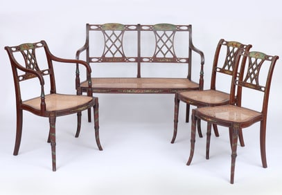 Set of (4) Adam-Style Paint-Decorated and Caned Seating