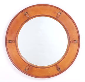 Leather-Wrapped Round Mirror with Strap and Buckle Motif