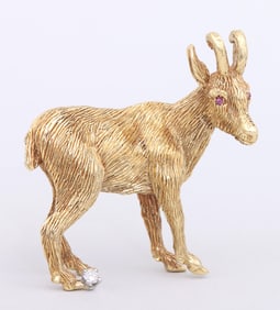 18k Gold Goat Brooch with Precious Stones