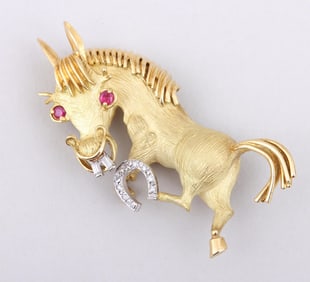 18k Gold Bucktooth Horse Brooch with Precious Stones