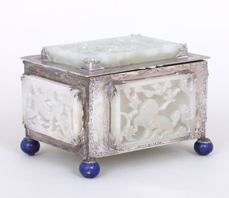 Edward Farmer Carved Jade and Sterling Silver Box