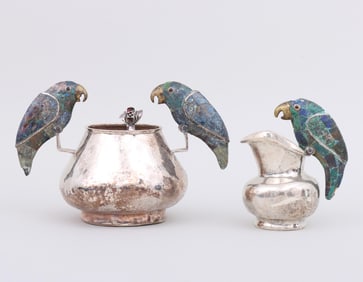 Los Castillo Two-Piece Cream and Sugar Set with Parrot Handles